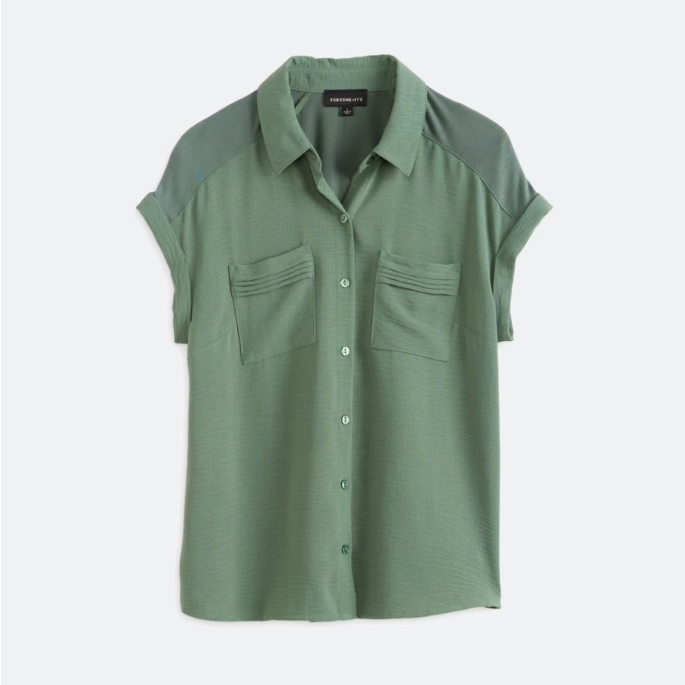 Fortune & Ivy Dallas Mixed Material Green Women's Button-Down Shirt